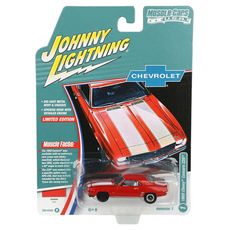 1/64 1969 Chevrolet Camaro Z28, Red with White Stripes, Johnny Lightning Muscle Car Series