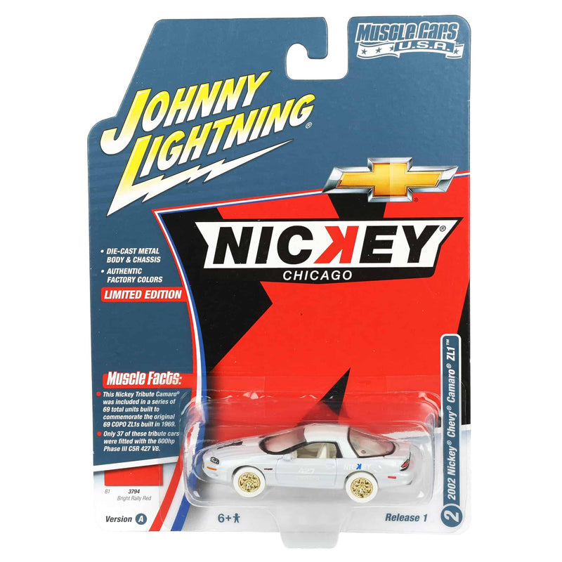 White Lightning Chase Unit ~ 1/64 Nickey 2002 Chevrolet Camaro ZL1, Johnny Lightning Muscle Car Series