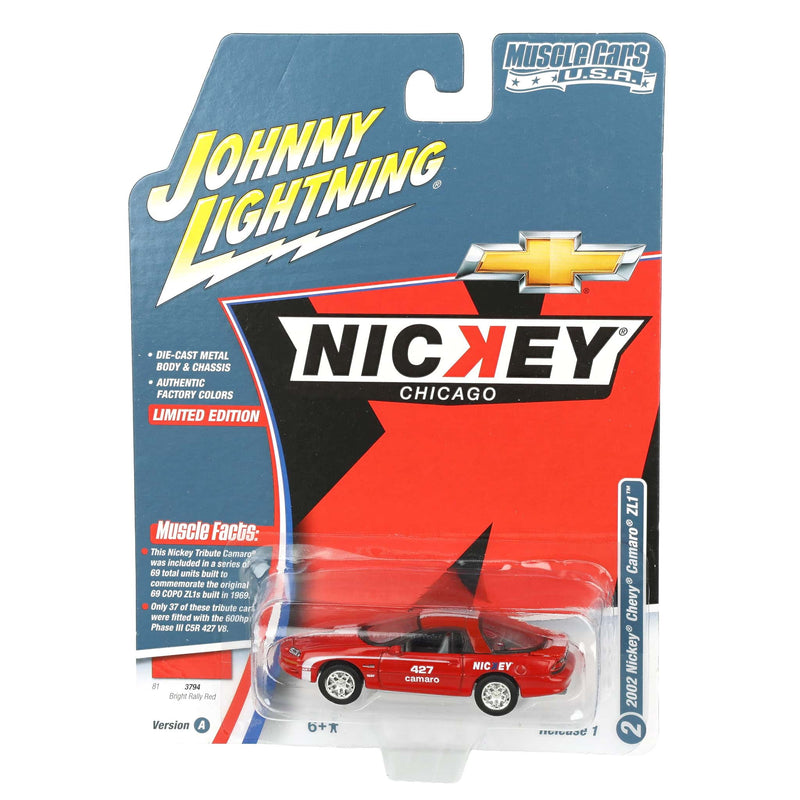 1/64 Nickey 2002 Chevrolet Camaro ZL1, Red with White Stripes, Johnny Lightning Muscle Car Series