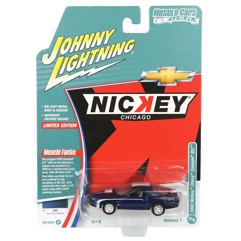 1/64 Nickey 2002 Chevrolet Camaro ZL1, Metallic Blue with White Stripes, Johnny Lightning Muscle Car Series