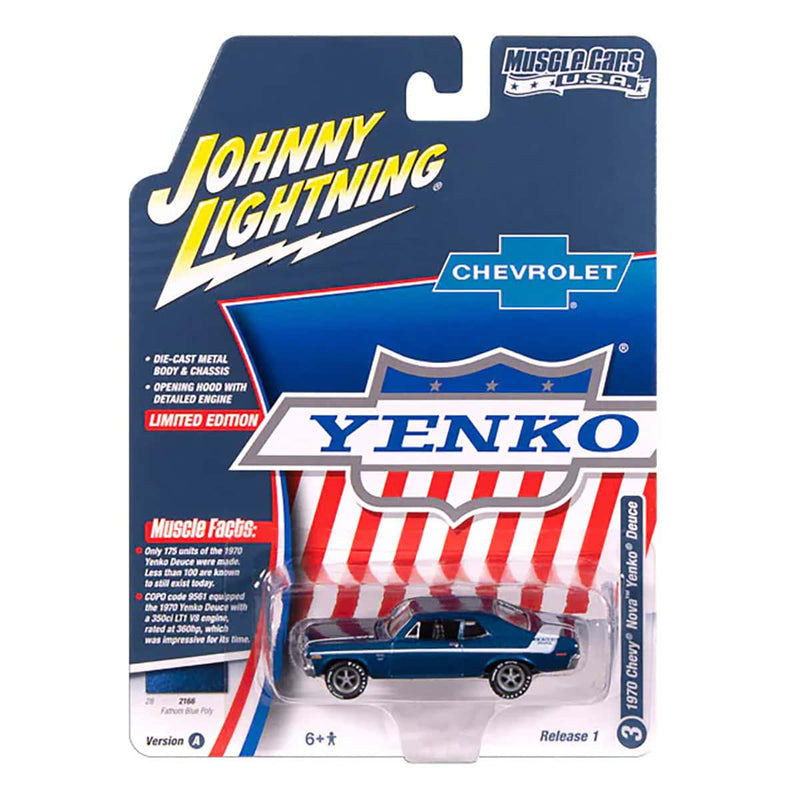 1/64 1970 Yenko Chevrolet Nova, Fathom Blue Poly with White Stripes, Johnny Lightning Muscle Car Series