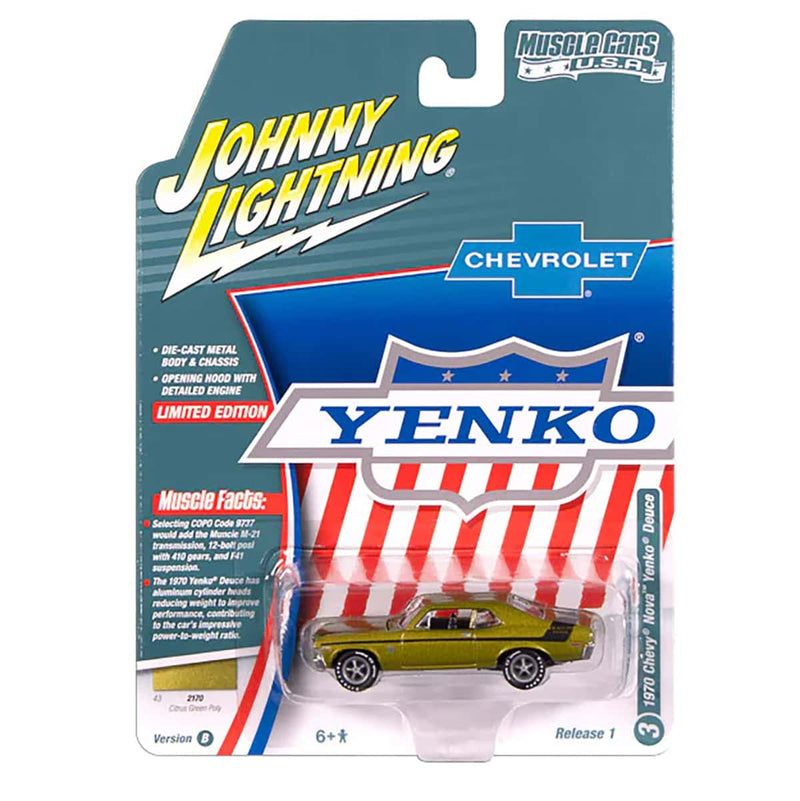1/64 1970 Yenko Chevrolet Nova, Citrus Green Poly with Black Stripes, Johnny Lightning Muscle Car Series