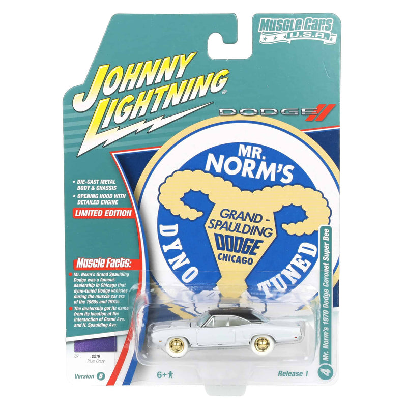 White Lightning Chase Unit ~ 1/64 Mr. Norm's 1970 Dodge Super Bee, Plum Crazy Purple, Johnny Lightning Muscle Car Series