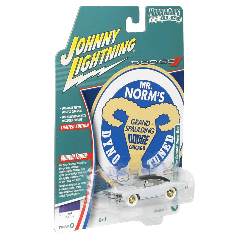 White Lightning Chase Unit ~ 1/64 Mr. Norm's 1970 Dodge Super Bee, Plum Crazy Purple, Johnny Lightning Muscle Car Series