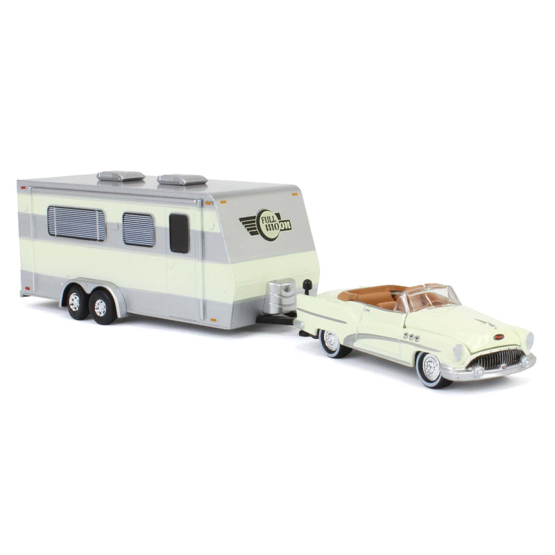 1/64 1953 Buick Super with Camper Trailer in Majestic White, Johnny Lightning