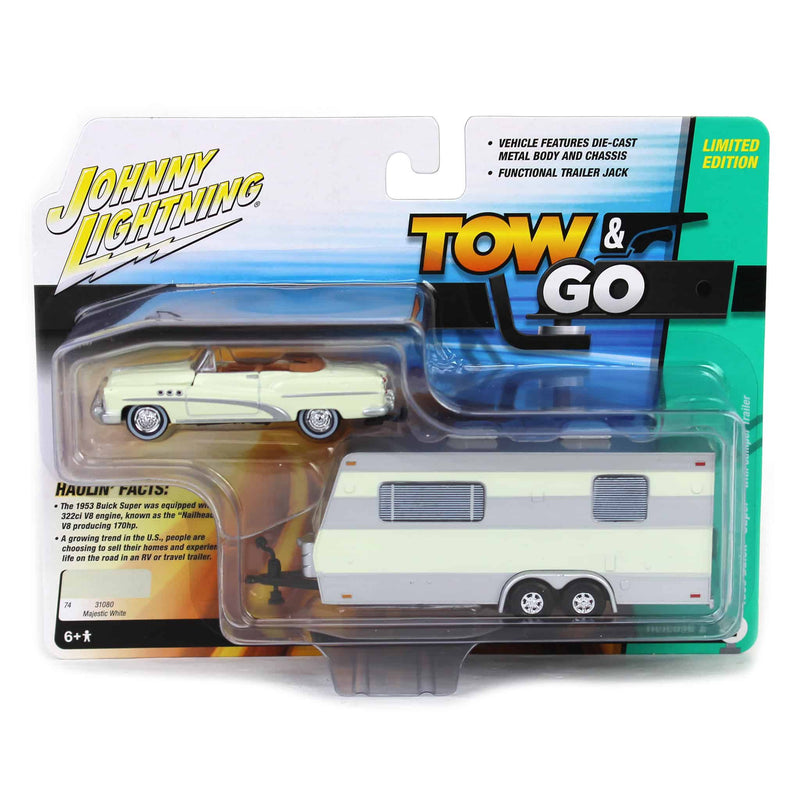 1/64 1953 Buick Super with Camper Trailer in Majestic White, Johnny Lightning