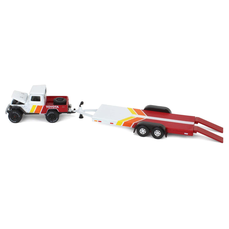 1/64 1980 Toyota Land Cruiser with Open Car Trailer in White with Custom Toyota Deco, Johnny Lightning