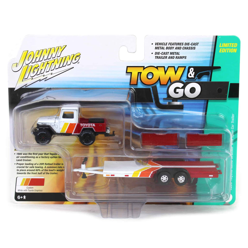 1/64 1980 Toyota Land Cruiser with Open Car Trailer in White with Custom Toyota Deco, Johnny Lightning