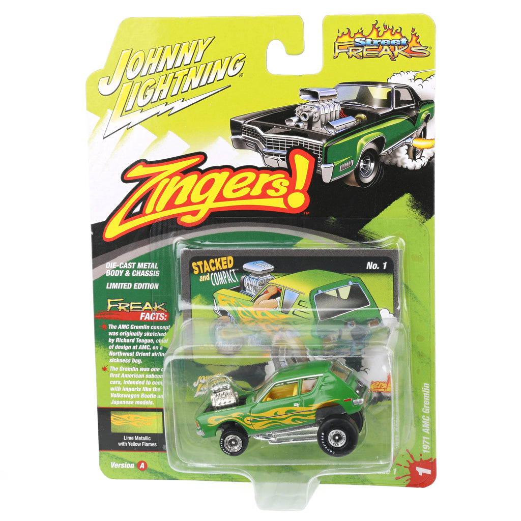 1/64 1971 AMC Gremlin, Metallic Lime Green, Johnny Lightning Zingers —  Outback Toys, image size:1024x1024