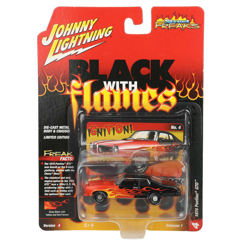 1/64 1974 Pontiac GTO, Black with Red Orange & Yellow Flames, Johnny Lightning