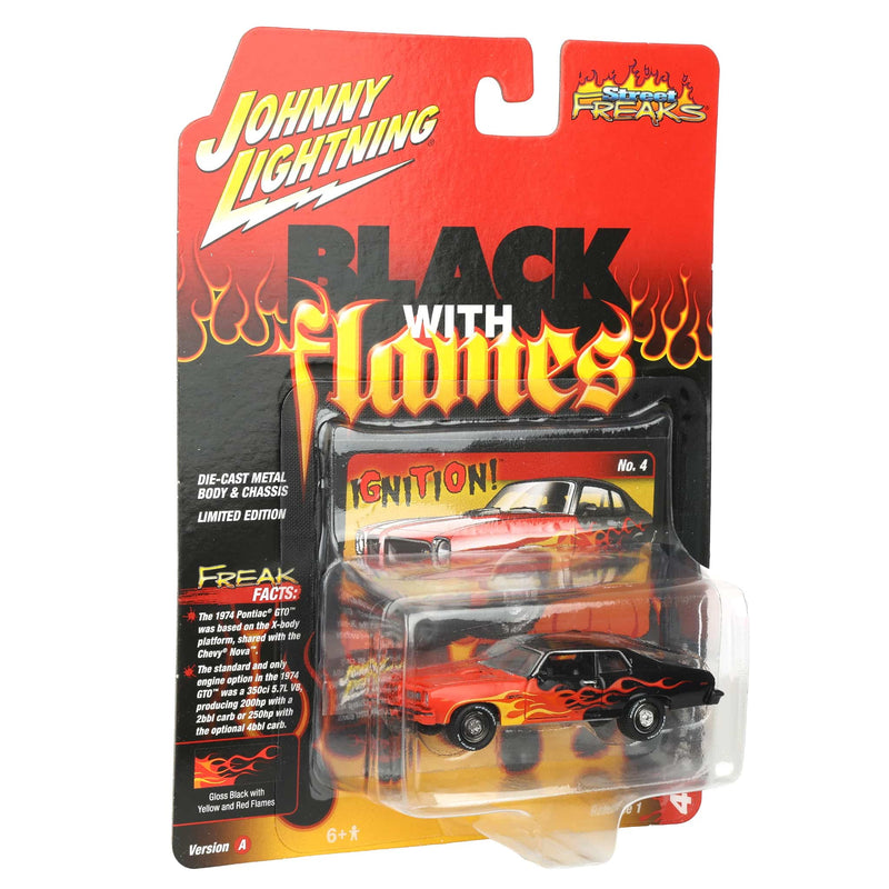 1/64 1974 Pontiac GTO, Black with Red Orange & Yellow Flames, Johnny Lightning