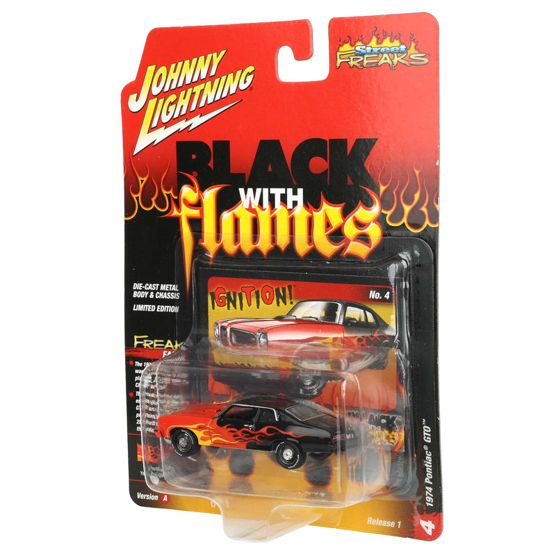 1/64 1974 Pontiac GTO, Black with Red Orange & Yellow Flames, Johnny Lightning