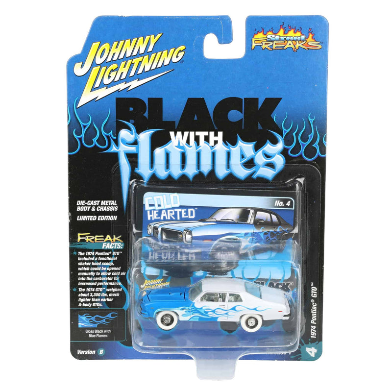 White Lightning Chase Unit ~ 1/64 1974 Pontiac GTO, Black with Blue Flames, Johnny Lightning