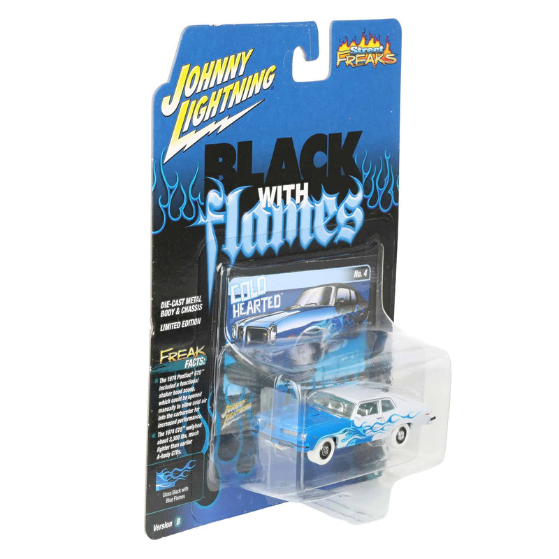 White Lightning Chase Unit ~ 1/64 1974 Pontiac GTO, Black with Blue Flames, Johnny Lightning