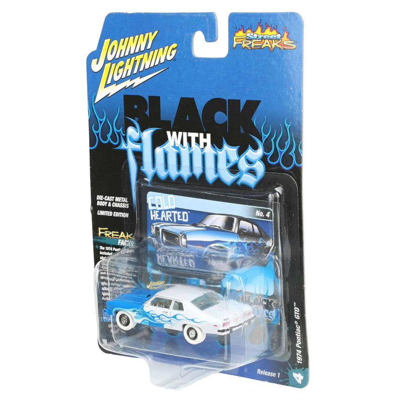 White Lightning Chase Unit ~ 1/64 1974 Pontiac GTO, Black with Blue Flames, Johnny Lightning