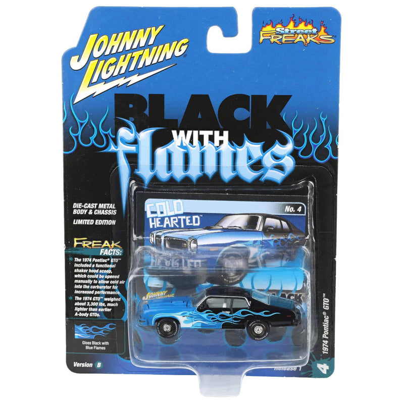1/64 1974 Pontiac GTO, Black with Blue Flames, Johnny Lightning