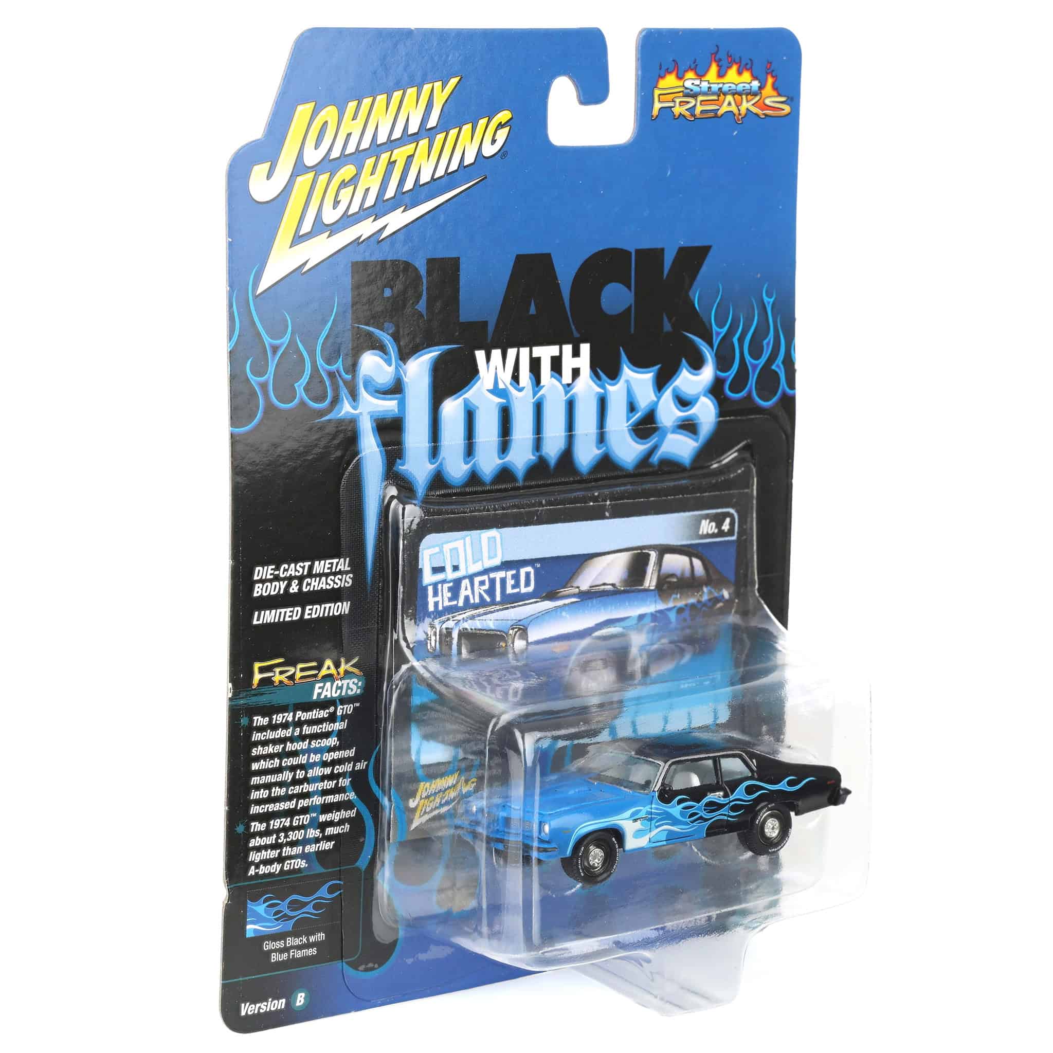1/64 1974 Pontiac GTO, Black with Blue Flames, Johnny Lightning