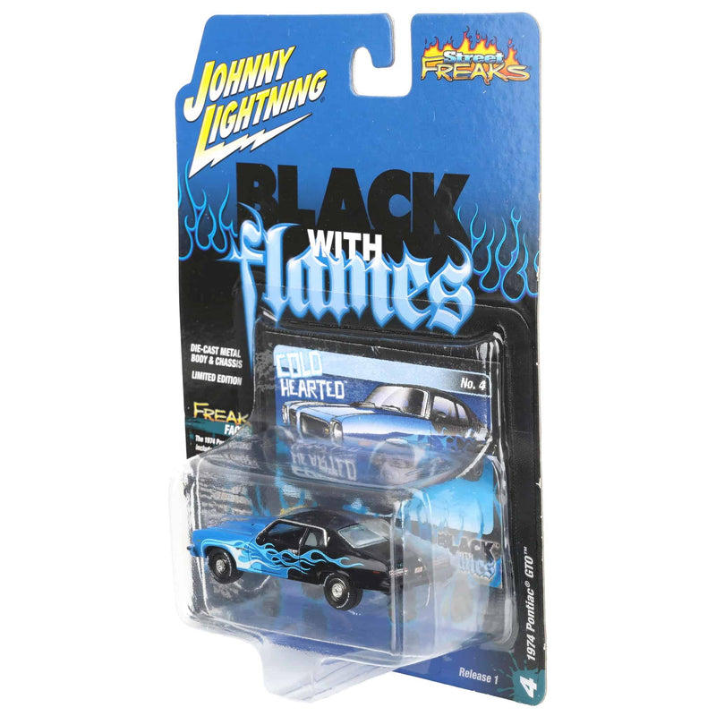 1/64 1974 Pontiac GTO, Black with Blue Flames, Johnny Lightning