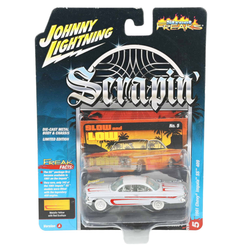 White Lightning Chase Unit ~ 1/64 1961 Chevrolet Impala SS 409, Metallic Yellow & Red, Johnny Lightning Scrapin'