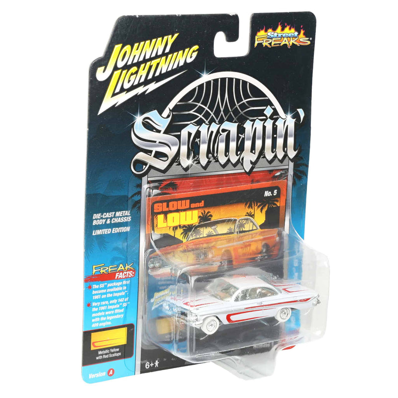 White Lightning Chase Unit ~ 1/64 1961 Chevrolet Impala SS 409, Metallic Yellow & Red, Johnny Lightning Scrapin'