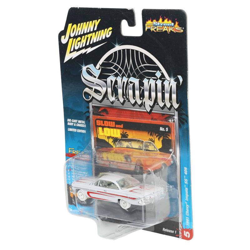 White Lightning Chase Unit ~ 1/64 1961 Chevrolet Impala SS 409, Metallic Yellow & Red, Johnny Lightning Scrapin'