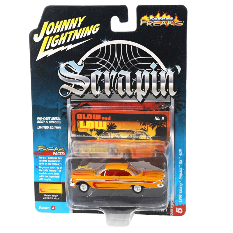 1/64 1961 Chevrolet Impala SS 409, Metallic Yellow & Red, Johnny Lightning Scrapin'
