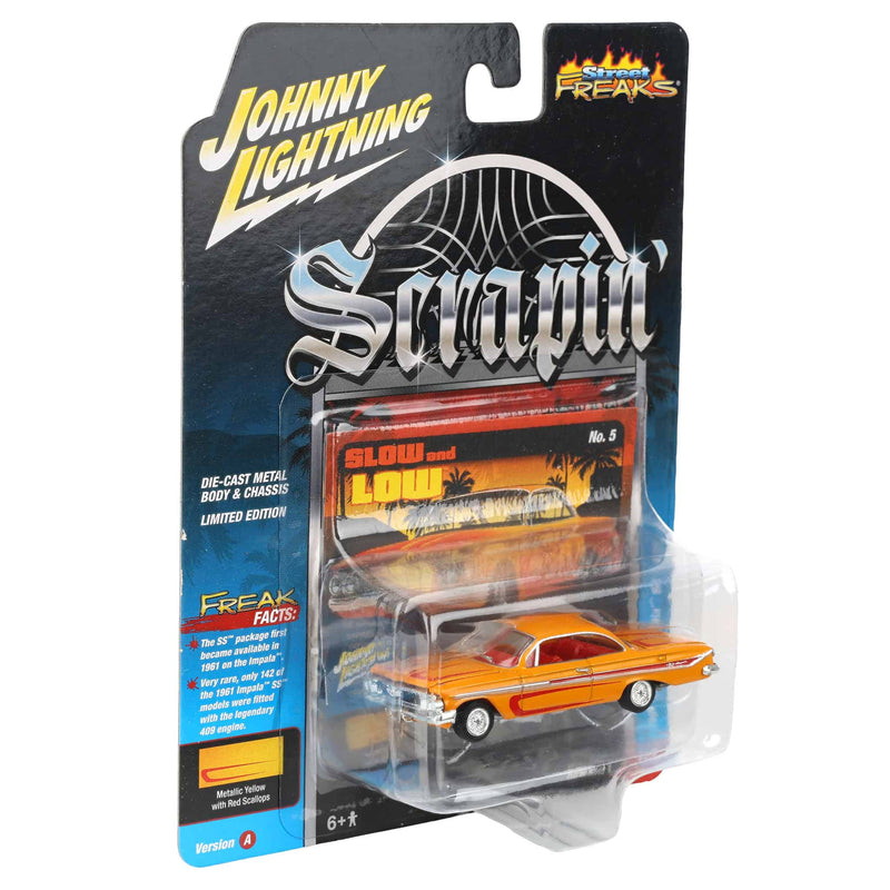 1/64 1961 Chevrolet Impala SS 409, Metallic Yellow & Red, Johnny Lightning Scrapin'