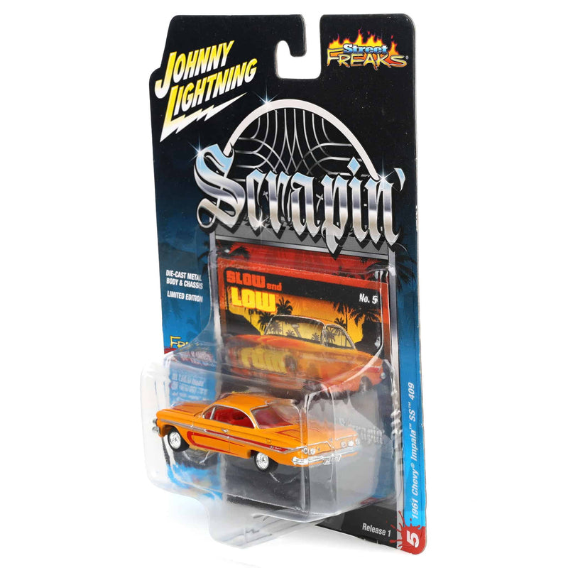 1/64 1961 Chevrolet Impala SS 409, Metallic Yellow & Red, Johnny Lightning Scrapin'