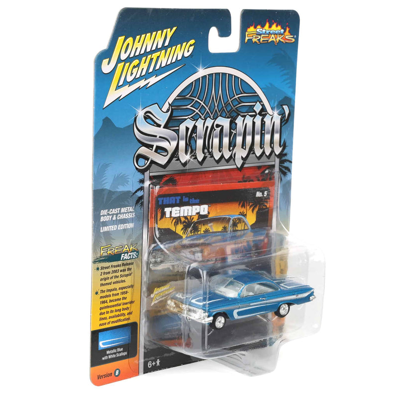 1/64 1961 Chevrolet Impala SS 409, Metallic Blue & White, Johnny Lightning Scrapin'