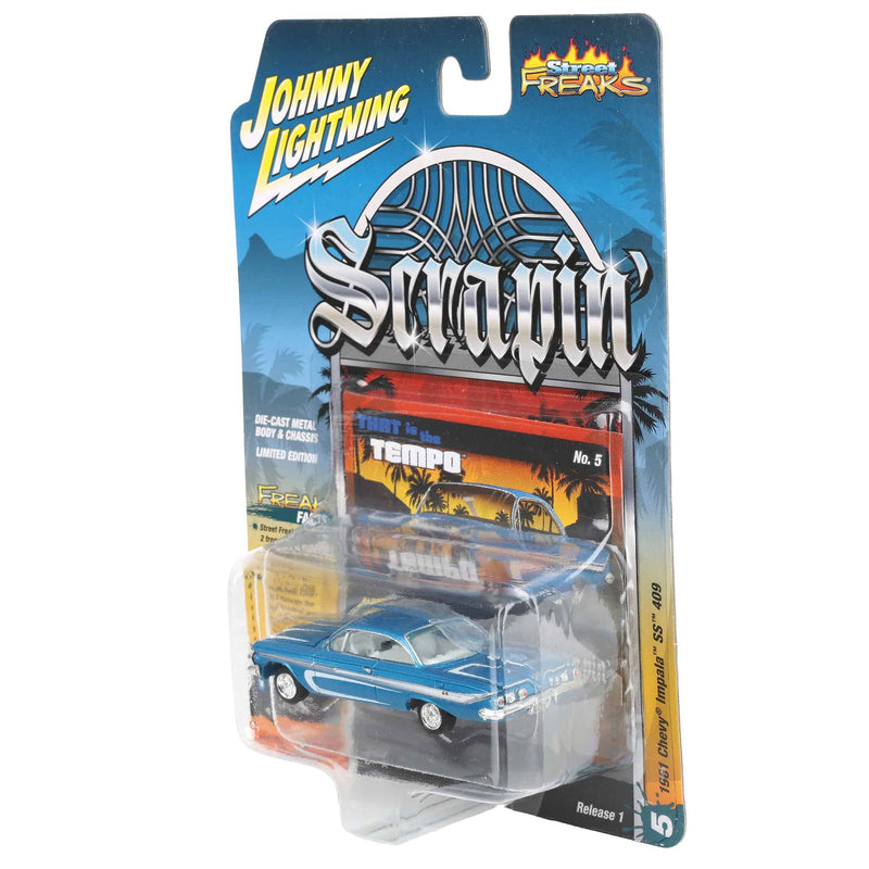 1/64 1961 Chevrolet Impala SS 409, Metallic Blue & White, Johnny Lightning Scrapin'