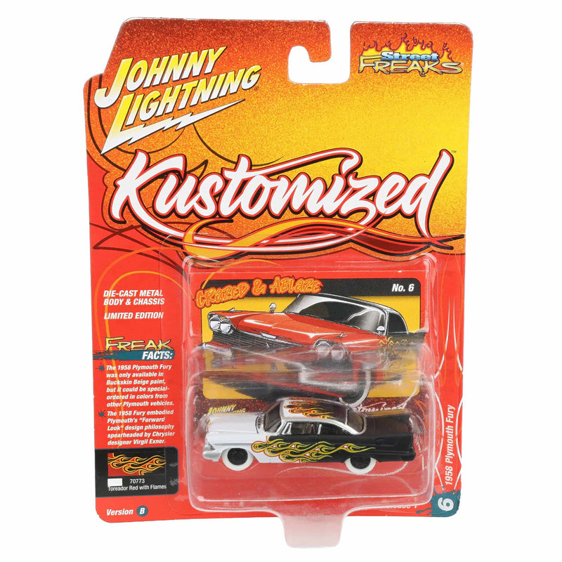 White Lightning Chase Unit ~ 1/64 1958 Plymouth Fury with Flames, Johnny Lightning Kustomized