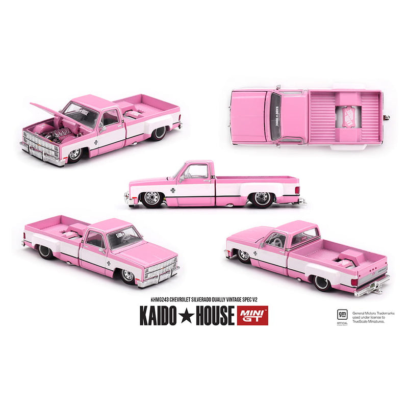 SEALED 1/64 Chevrolet Silverado Dually Vintage Spec V2, Pink & White, Kaido House x Mini GT - Chance for Raw Chase Unit