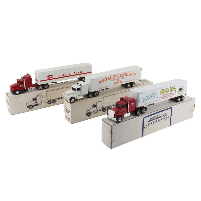 Lot of (1) 1/64 The Fillet Shoppe Semi, (1) 1/64 Angelo's Liquors Semi, and (1) 1/64 Hy-Vee Food Stores Semi