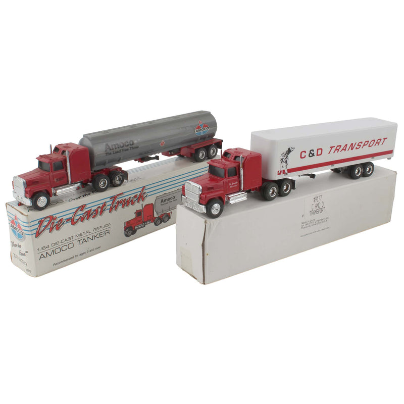 Lot of (4) 1/64 Transport Semis with Box Trailers and (1) 1/64 Corporate Semi with Tanker Trailer by ERTL