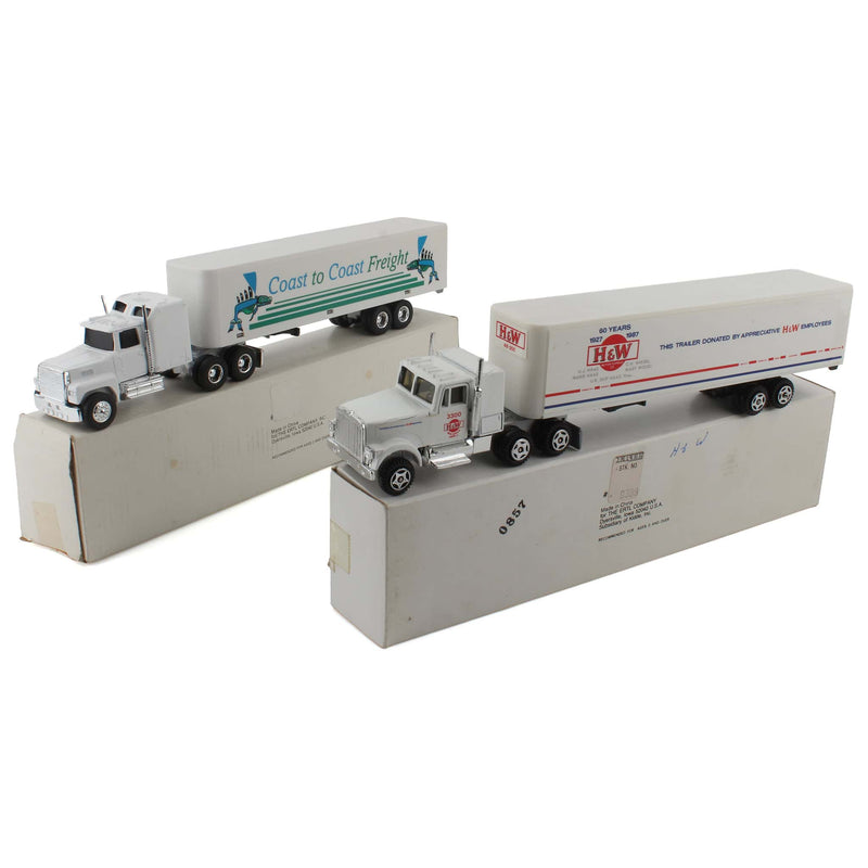 Lot of (4) 1/64 Transport Semis with Box Trailers and (1) 1/64 Corporate Semi with Tanker Trailer by ERTL