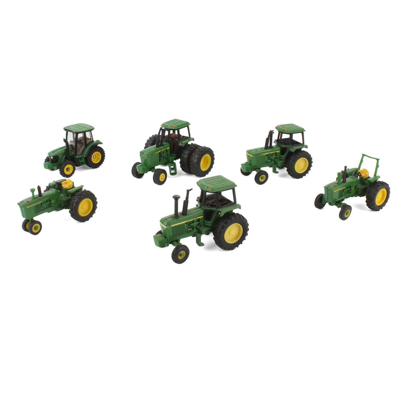 Lot of (2) 1/64 John Deere Tractors without Cabs and (4) 1/64 John Deere Tractors with Cabs by ERTL