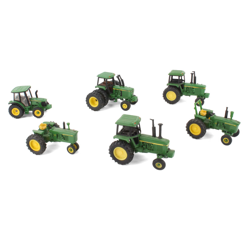Lot of (2) 1/64 John Deere Tractors without Cabs and (4) 1/64 John Deere Tractors with Cabs by ERTL