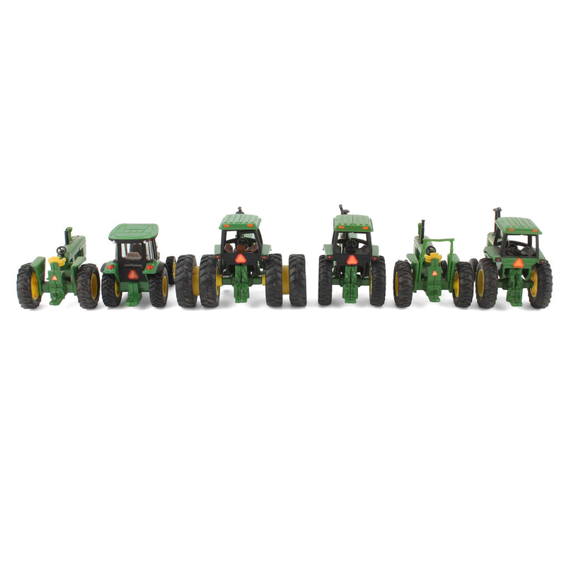 Lot of (2) 1/64 John Deere Tractors without Cabs and (4) 1/64 John Deere Tractors with Cabs by ERTL