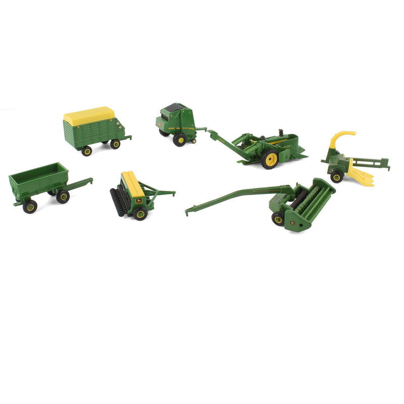 Lot of (1) 1/64 John Deere Tractor with (7) 1/64 John Deere Implements by ERTL