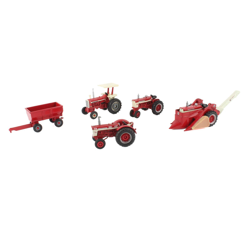 Lot of (3) Farmall Tractors, (1) 1/64 International Tractor, (1) 1/64 Mounted Picker, and (1) Barge Wagon by ERTL