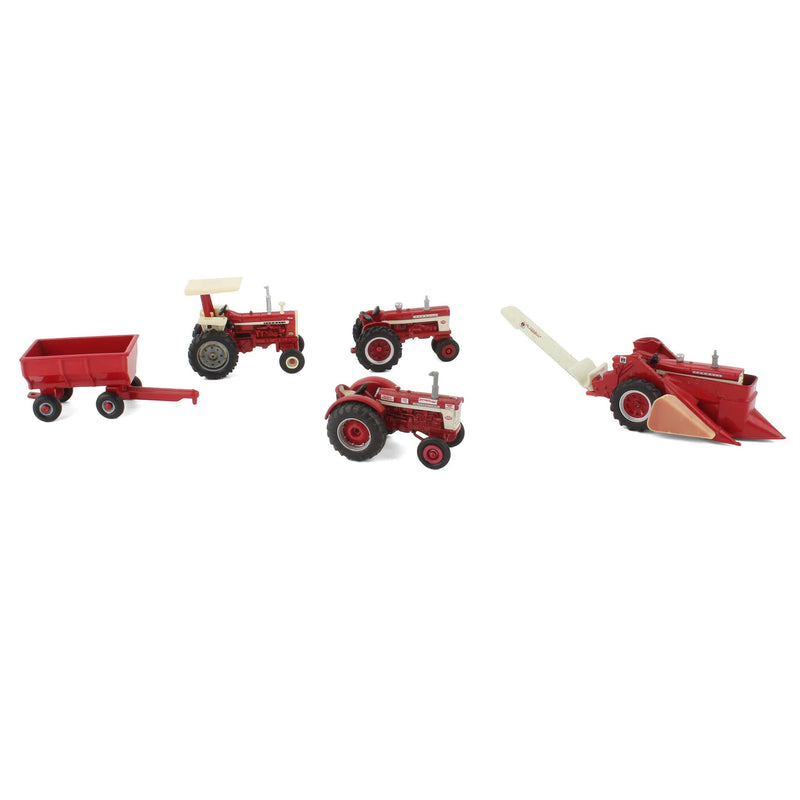 Lot of (3) Farmall Tractors, (1) 1/64 International Tractor, (1) 1/64 Mounted Picker, and (1) Barge Wagon by ERTL