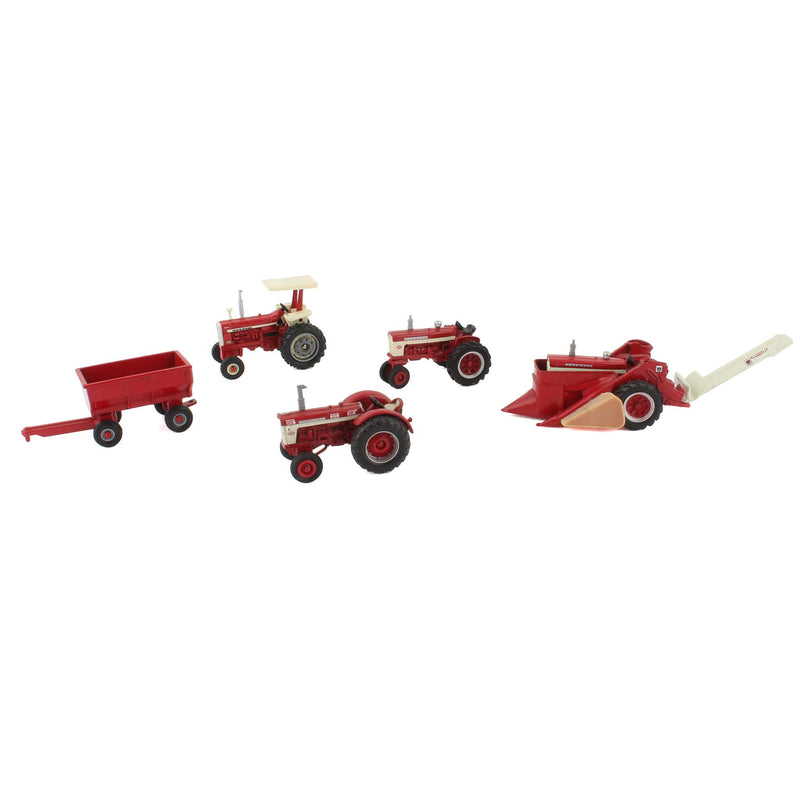 Lot of (3) Farmall Tractors, (1) 1/64 International Tractor, (1) 1/64 Mounted Picker, and (1) Barge Wagon by ERTL