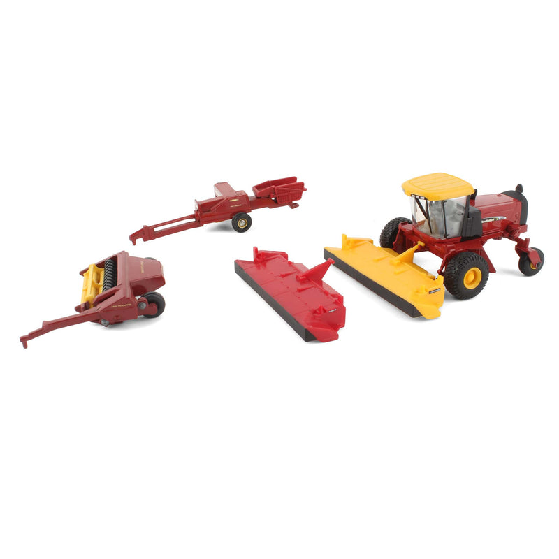 Lot of (1) 1/64 New Holland Windrower with (2) Attachments and (2) 1/64 Harvesting Implements by ERTL