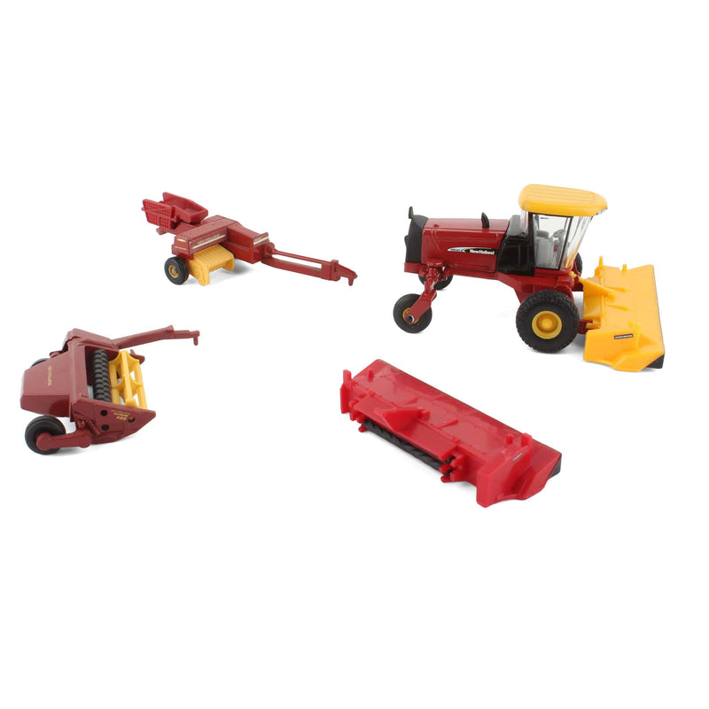 Lot of (1) 1/64 New Holland Windrower with (2) Attachments and (2) 1/64 Harvesting Implements by ERTL