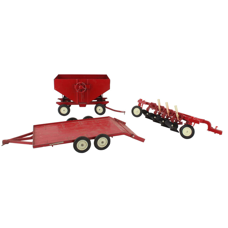 Lot of (1) 1/16 Flatbed Trailer, (1) 1/16 4-Bottom Plow, and (1) 1/16 Gravity Feed Cart by ERTL
