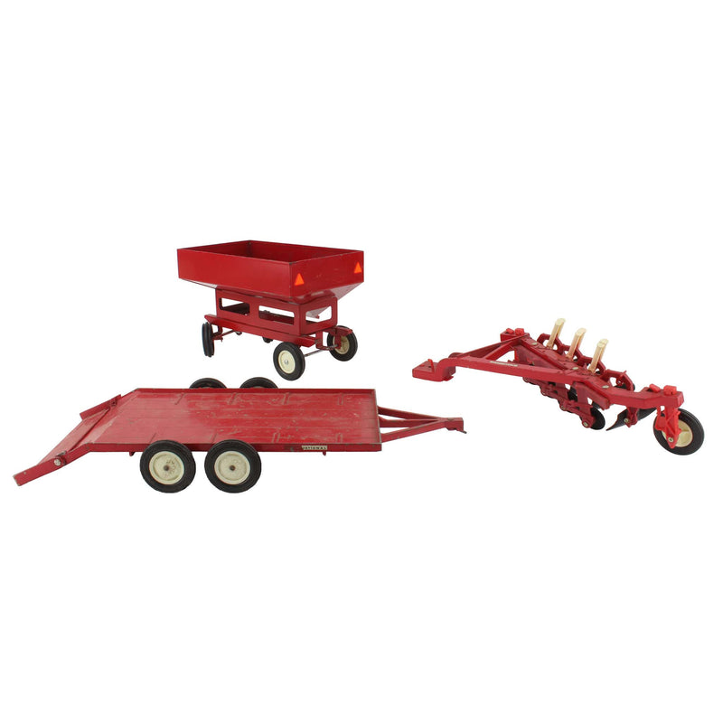 Lot of (1) 1/16 Flatbed Trailer, (1) 1/16 4-Bottom Plow, and (1) 1/16 Gravity Feed Cart by ERTL