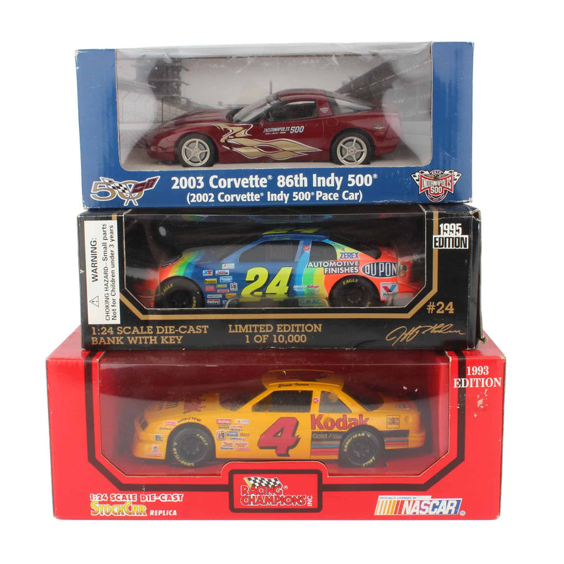 Lot of (1) 1/25 Corvette Pace Car, (1) 1/24 Ernie Irvan Stock Car, and (1) 1/24 Jeff Gordon Nascar Stock Car Bank
