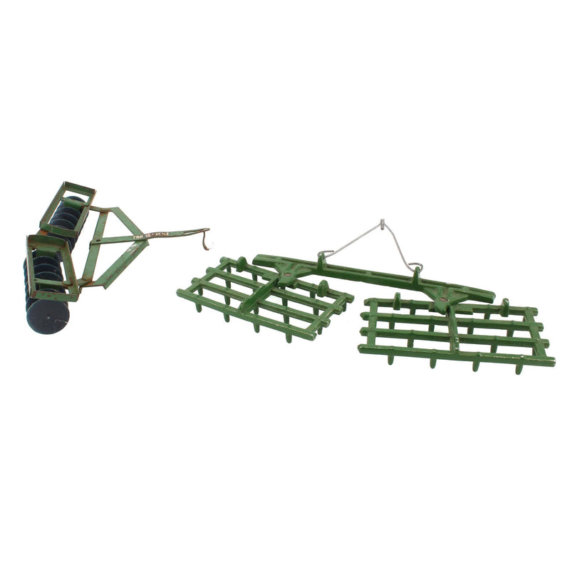 Lot of (3) Farm Implements Including Tru Scale Disc, Slik Double Drag Rake and Eska John Deere Plow and (1) Set of Plow Pieces