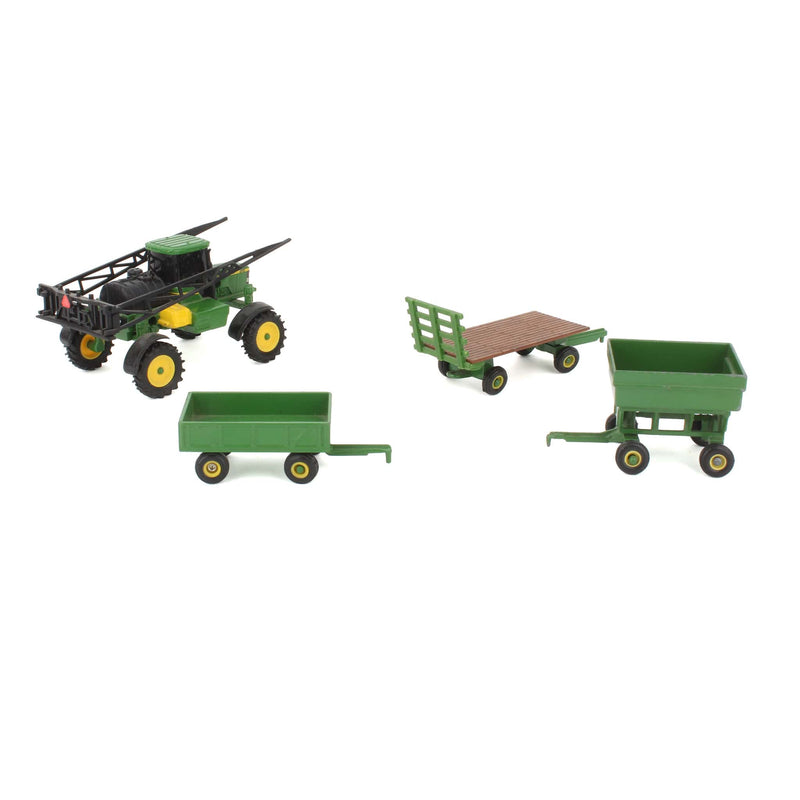 Lot of (3) 1/64 Green Farm Wagons and (1) 1/64 John Deere Self-propelled Sprayer