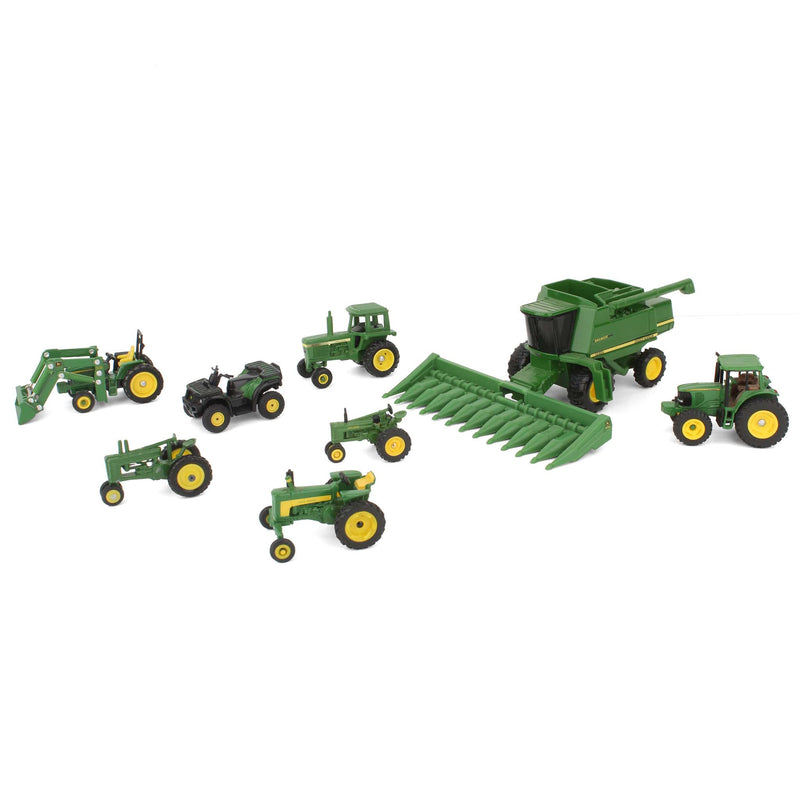 Lot of (6) 1/64 John Deere Tractors, (1) 1/64 John Deere Combine, and (1) John Deere ATV